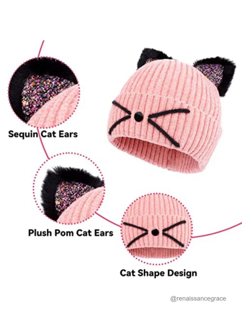 Girls Sequin Cat Ears Knitted Winter Beanie Hat Stretch Acrylic